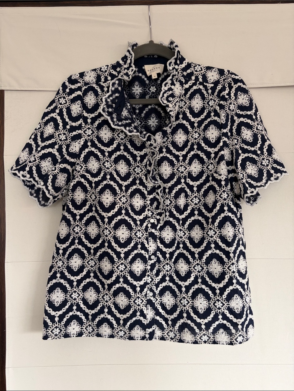 Sézane Navy Top with White Floral Embroidery